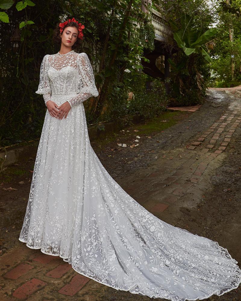 Lp2303 strapless a line wedding gown with lace long sleeve jacket3